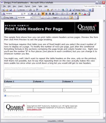 Designer screen shot of sample form for printing table header on each page.